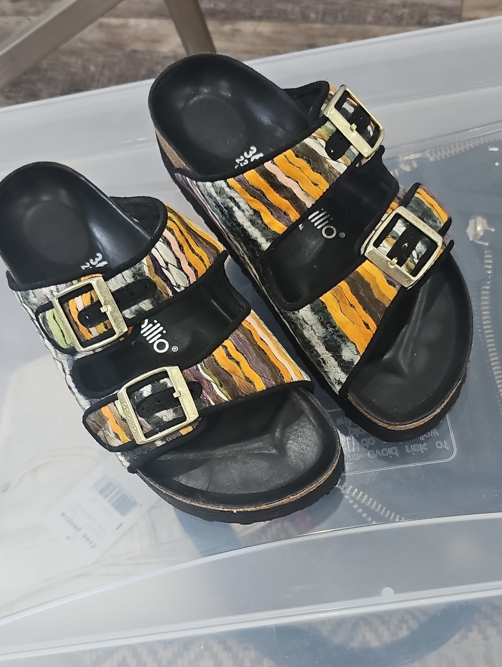 Papillio Multicolor Striped Double-Buckle Slides with Gold Buckles